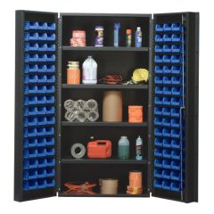 Quantum QSC-36-96-4ISBL All-Welded Gray Storage Cabinet with 4 Adjustable Shelves & 96 Blue Bins, 24" x 36" x 72"