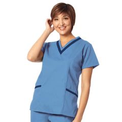 7575 Fashion Seal® Womens' Modern Fit Tunic with Double V-Neck, Ciel Blue with Navy Trim