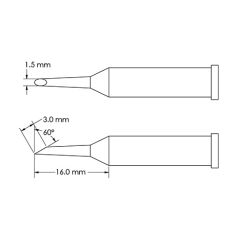 Metcal GT6-HF6015S 60&deg; Beveled Hoof Soldering Tip, 1.5 x 16mm Drawing