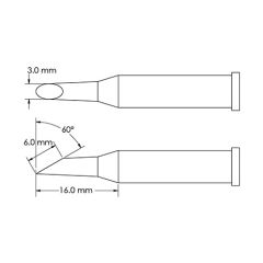 Metcal GT6-HF6030S 60&deg; Beveled Hoof Soldering Tip, 3.0 x 16mm Drawing