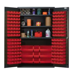 Quantum QSC-48SRD All-Welded Gray Storage Cabinet with 3 Adjustable Shelves & 137 Red Bins, 24" x 48" x 78"