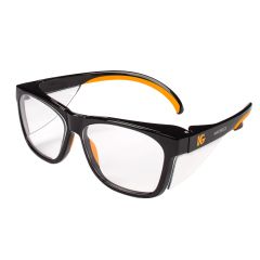 Lentes de seguridad KleenGuard™ Maverick™ antideslumbrantes con montura negra/naranja y lentes transparentes
